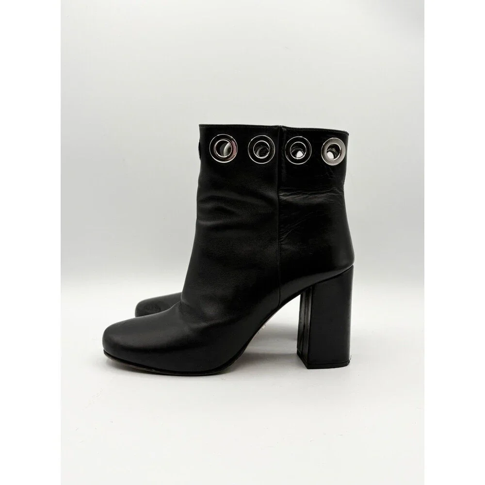 Prada Black Leather Block Heel Ankle Boots Silver Grommet Accent Sz EU 36